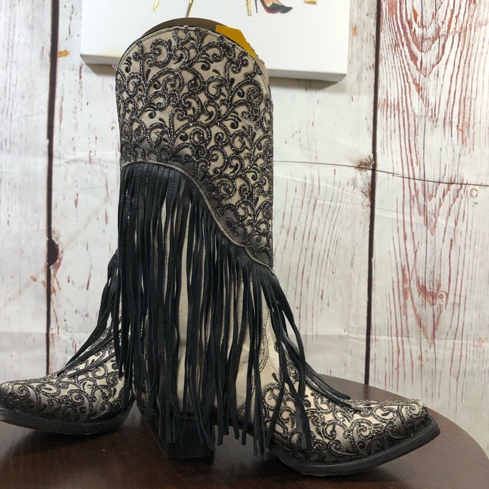 CORRAL handcrafted Fringe Embroidered Western Women’s Boot - Black and Cream 7 - Picture 7 of 16